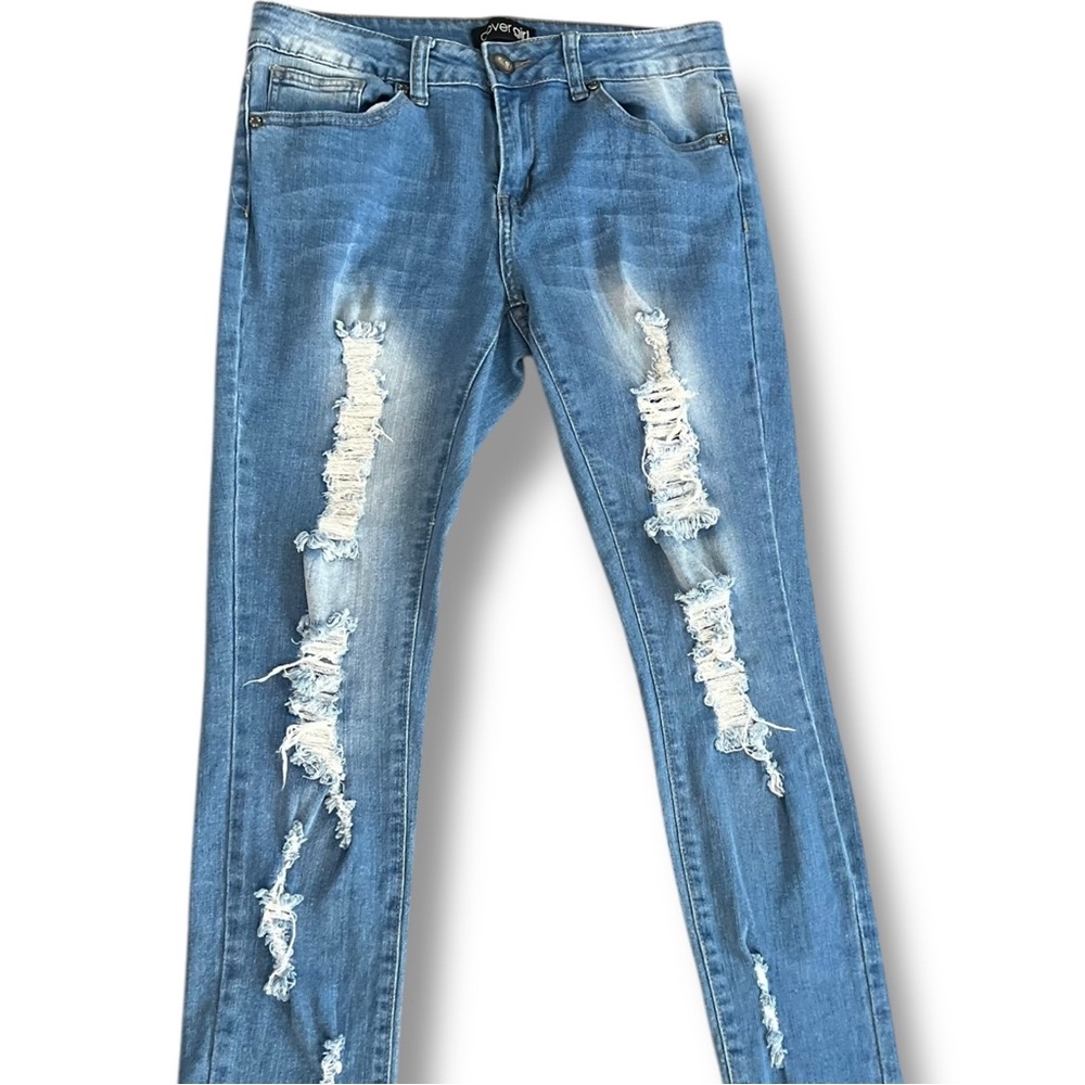 COVERGIRL Jeans Women’s Sz 7/8 Blue Ripped Skinny Grunge Y2K Moto  Distressed